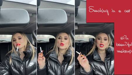 Smoking in a car with beautiful makeup