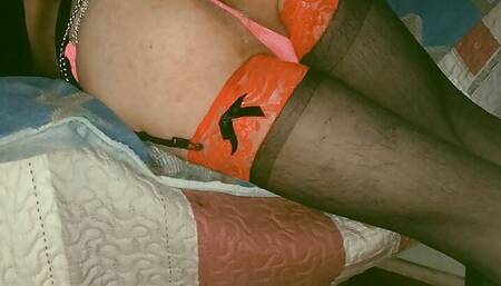pretty little ass beauty sissy doing anal anf gape dildo with chains and a jewel padlock on the thong