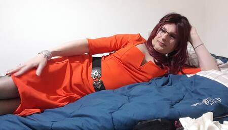 Lovely orange dress, lovely lingerie - lots of fun!