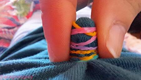 Elongating my nipples with hair rubber bands Slowmotion and closeup