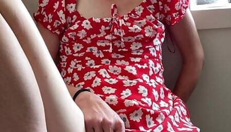 Lady in red shaking wildly