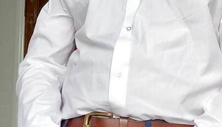 Wank and cumshot in buttoned up white shirt.