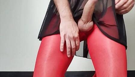 BIG COCK HUGE CUMLOAD in red Pantyhose