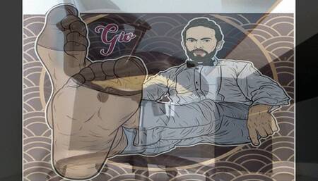 Gio in the office playing with his shoes and showing off socks