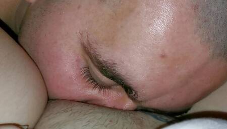 The husband licks his mistress's cunt and at the same time fucks his bitch with a rubber strapon.  Bitch likes it when s