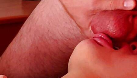 Sucking and swallowing his balls on a relaxing morning with black lingerie