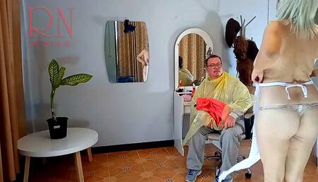 Do you want me to cut your hair? Stylist's client. Naked hairdresser. Nudism 12