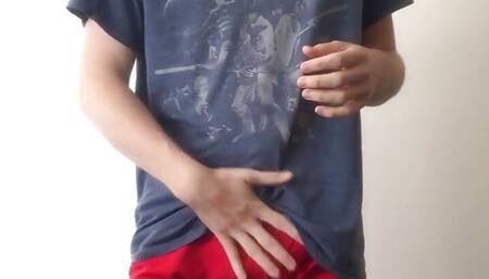 Twink in booty shorts has a huge cumshot
