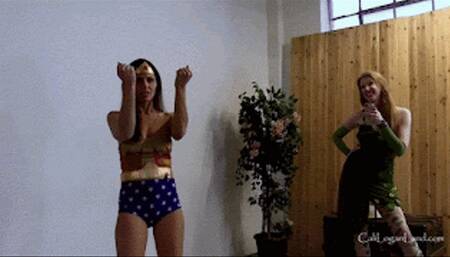 Wonder Woman Transformation Troubles with Cali Logan and Sonia Harcourt: Poison Ivy's magic spins this superheroine into an embarrassing frenzy in this cosplay fantasy (hd)