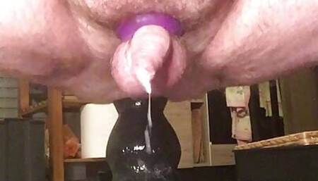 My small uncut dick cums without hands thanks to my giant dildo
