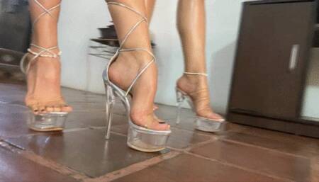 Milah Arches and Stephanie sexy walk on clear skyhigh heels