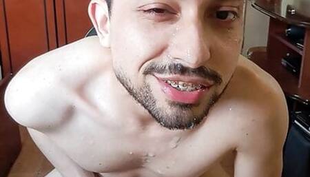 Fag boy Lucas Dallas cum with legs up
