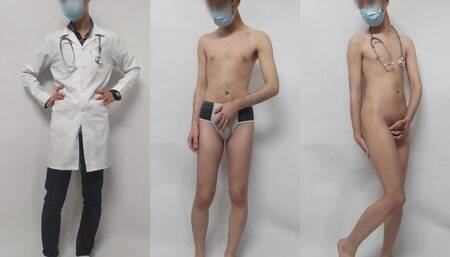 Iranian boy undressing and comparing clothed and nude body (in a doctor's uniform)