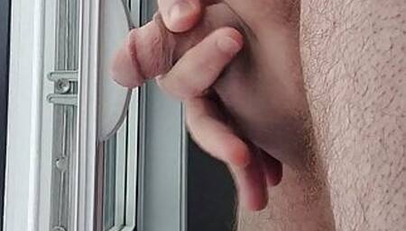 Small dick Cumming from second stair window