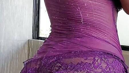 Hot Teacher showers in lingerie with glass butt plugs