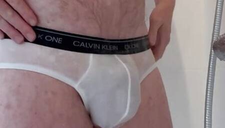 Taking a shower in my white panties and wanking my big ginger cock