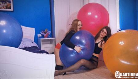 Q832 Mariette and Cosette pop many big soft balloons - 1080p