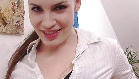 Pretty secretary satisfies her horny wet pussy with a dildo in front of the camera