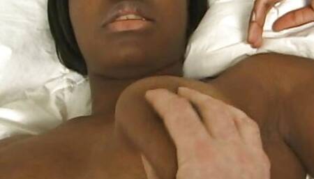 Horny ebony slut gives hot interracial blowjob