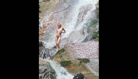 Wet Abella Love taking Shower and Teasing in the Waterfall at Hot Summer Day