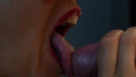 4K - MILF Slut masked with lipstick gives blowjob & gets all the cum on her tongue in close up