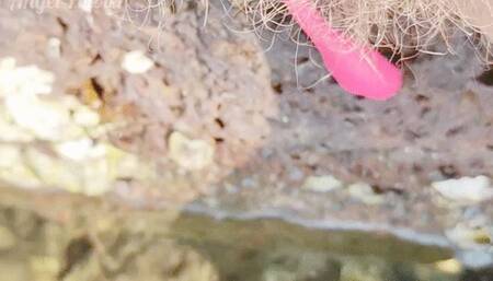 Hairy pussy peeing with Lovense in public