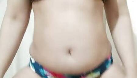 Real Pakistani Desi wife amber khan striping pink shirt and showing her body and colorful panty and colorful bra and tea