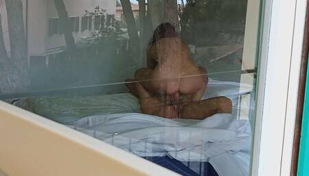 Voyeur caught neighbors fucking in front of open window, i love watching ass of that hot milf while she riding huge cock