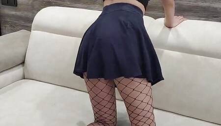 Pleasant sex with skirt friend in fishnet stockings