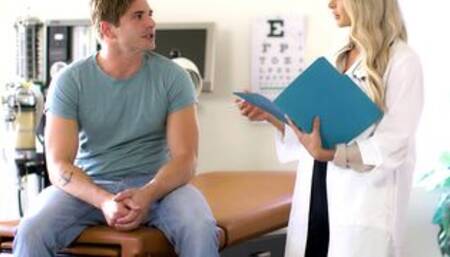 Hot blonde doctor finds patient jerking