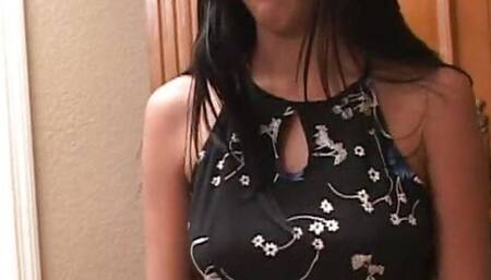 Cute dark haired babe with big tits gives hot handjob