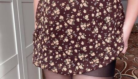 Beauty in sexy pantyhose poses and caresses her holes to orgasm