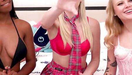 Pussy licking train for these 3 young babes