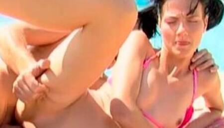 Playful brunette teen with round ass Denisa rides on a dick