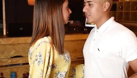 Aisha gives a blowjob on her knees to a bartender while he talks to client and then fucks her pussy
