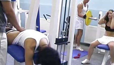 Orgy with two hot couples in the gym with moments of intense