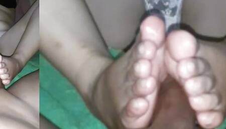 my wife footjob my dick with hijab