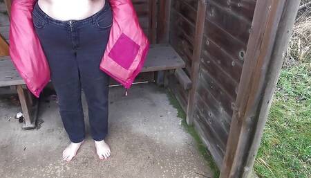 Barefoot, naked tits slapping at public bus stop