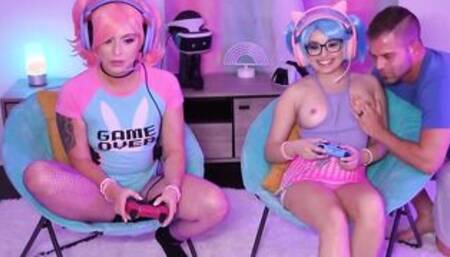 Hot small tits girlfriends playing games and fuck threesome