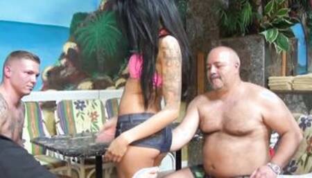 MMF threesome with skinny teen waitress in a bar