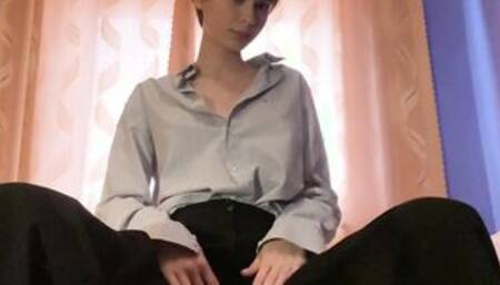 Short haired brunette girl gets excited ended with pussy fingering