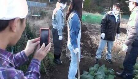 Farmer bimbos Maki Hojo inside public farewell gang bang