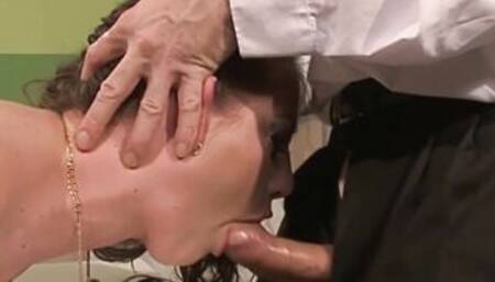 Crazy bitch needs to gotten punished, into the medical room. Part one. Pee whore humiliates her gynecologist Doctor.