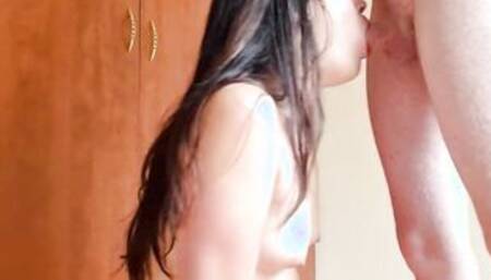 Tiny boobs chick side watch bj, cum inside cup, piss