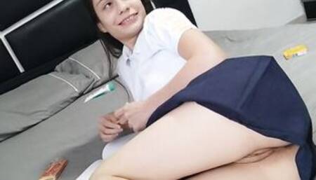 School Girl fucks her stepbrother while studying