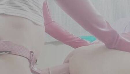 Pegging with gigantic long horse sex toy.