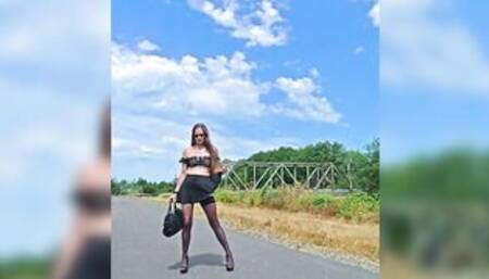 Longpussy, out for a walk, Big Cunt Plug, Sheer Top,