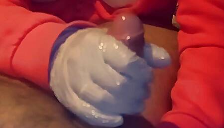 Quick handjob in latex gloves