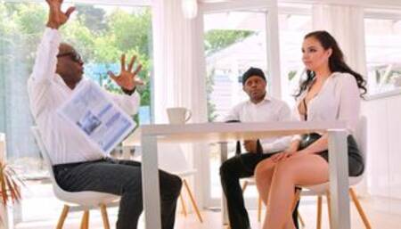 Two black bosses are screwing a passionate white model Sofia Lee