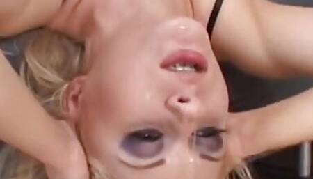 Gorgeous blonde girl with tattoo drinks cum after hard double penetration